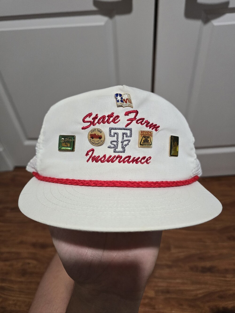 Vintage 90s Texas State Farm Insurance Trucker Adjustable Rope Hat With Pins